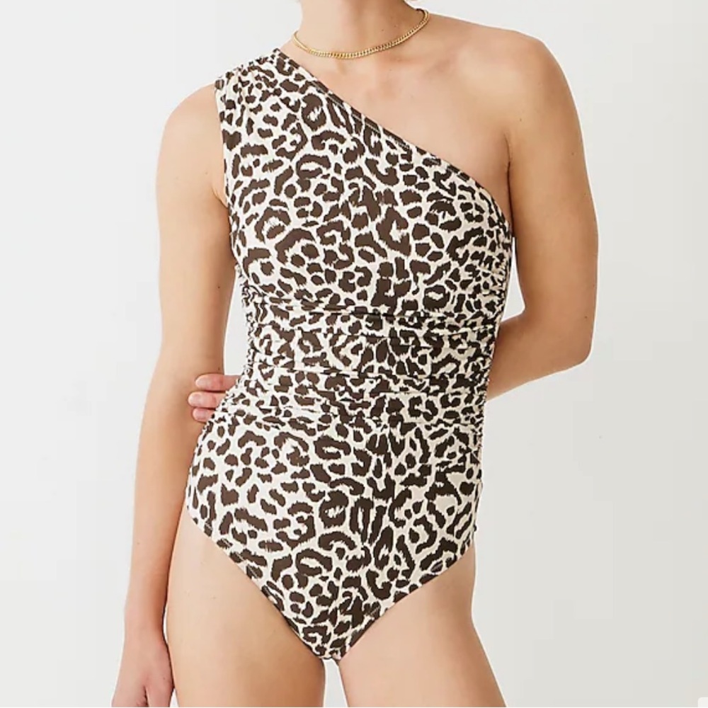 J. Crew Ruched One Shoulder One Piece Swimsuit in Leopard Print SZ 20 EUC